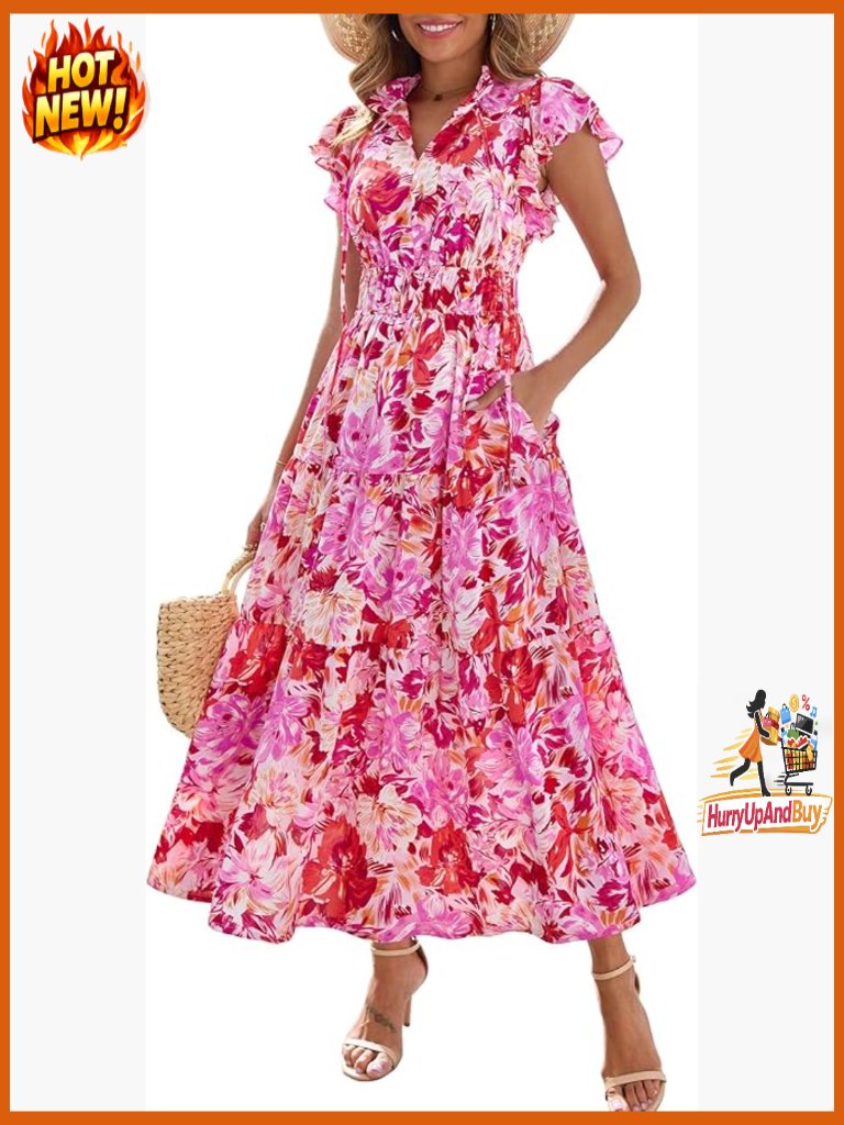 Boho Floral Maxi Dress V Neck Self Tie High Waist Ruffle Sleeves Tiered Pockets